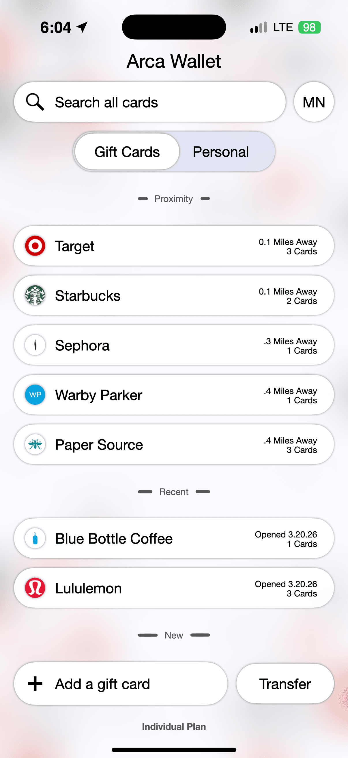 Card detail with barcode and balance